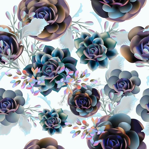 Fashion vector pattern with succulent plants and blue flowers in realistic style