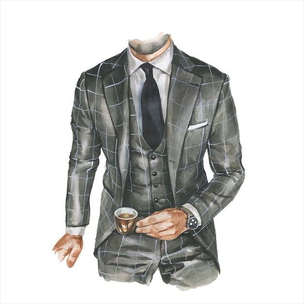 Fashion watercolor illustration of man in business casual outfit with cup of coffee in hand. Hand drawn painting of elegant suit. Luxury look