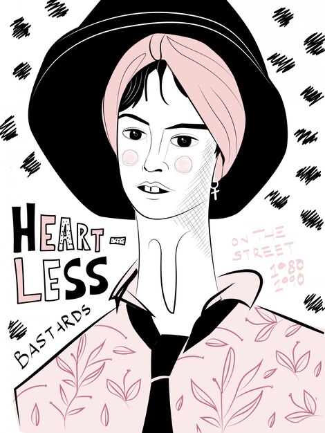 Vector fashion woman - heartless bastards illustration. hand drawing.  