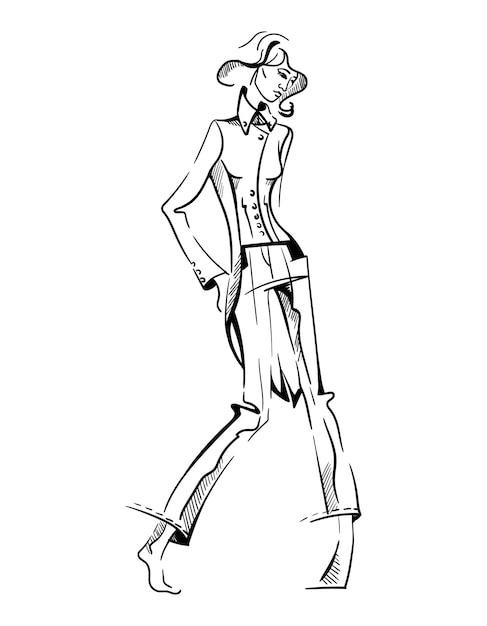 Fashion woman one line drawing sketch hand drawn female beauty outline figure of girl model in suit