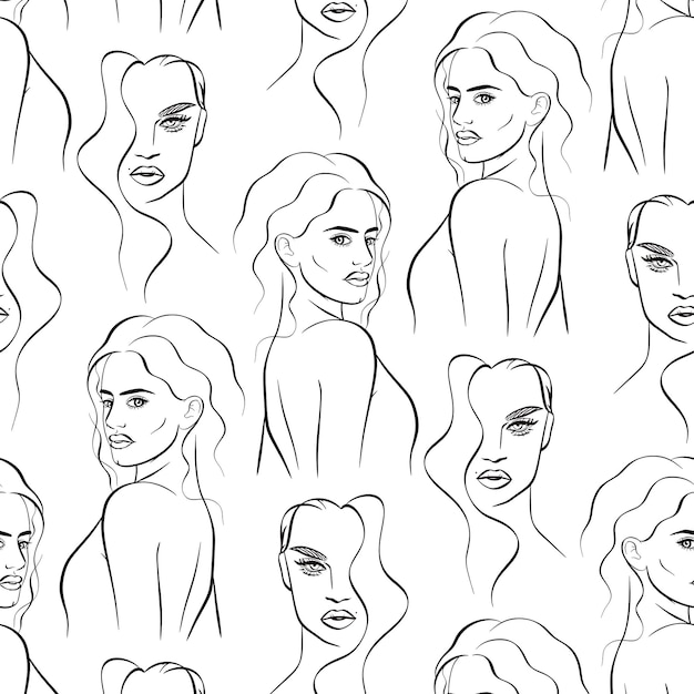 Fashion woman portrait vector pattern in sketch style on white background. Line drawing.