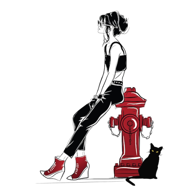 Fashion woman in sketch style with black cat. Vector illustration