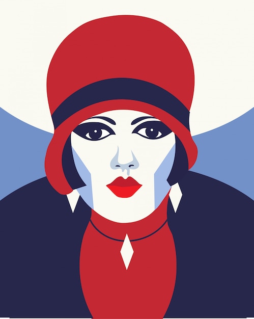 Fashion woman with hat. Portait art deco style. Flat design.