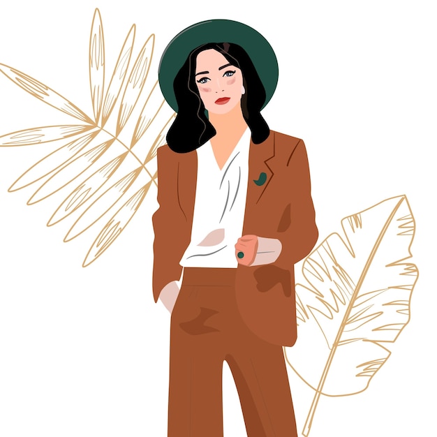 Vector a fashionable brunette woman in a hat and jacket poses on a white background. fashionable suit