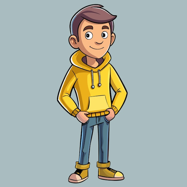 Fashionable Cartoon Vector Illustration of Man in Yellow Hoodie with Slim Fit Jeans