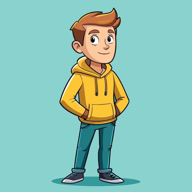 Vector fashionable man in yellow hoodie with slim fit jeans cartoon vector illustration