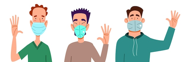 Fashionable men in medical masks say hello