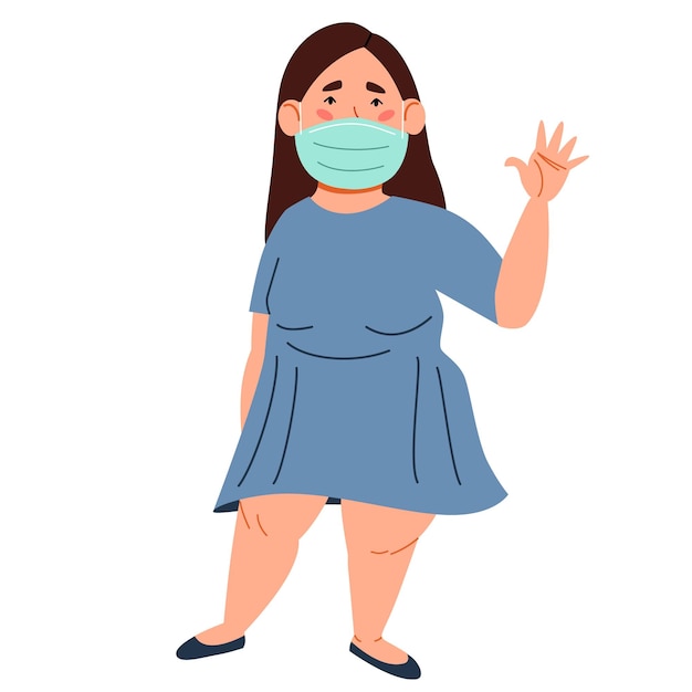 A fashionable plump girl in a medical mask greets Friendly greeting of a young woman