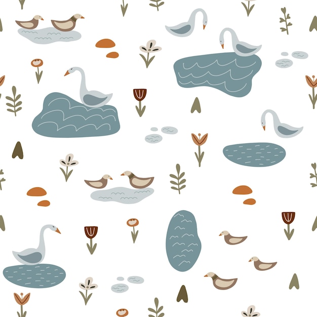 Fashionable seamless pattern with swans and ducks on a white background Scandinavian design for fab