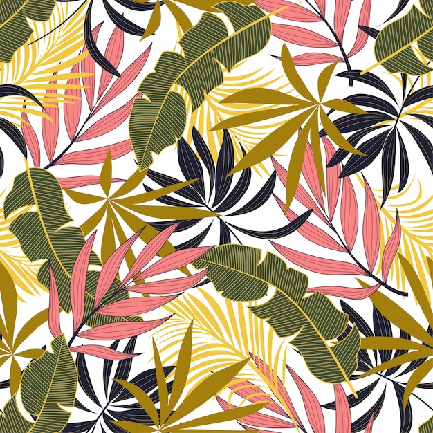 Fashionable seamless tropical pattern with bright pink and green flowers