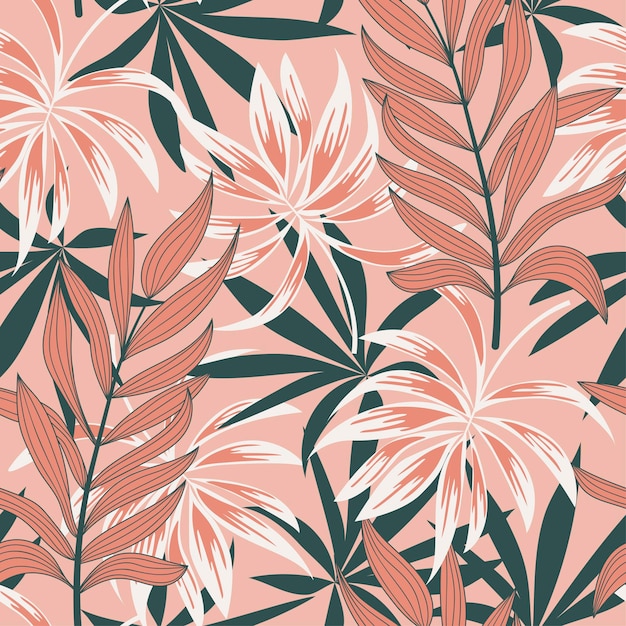 Fashionable seamless tropical pattern with bright plants and leaves on a beige background