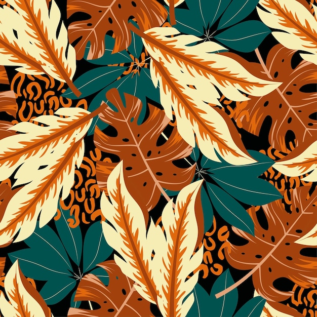 Fashionable seamless tropical pattern with bright plants and leaves on a black background