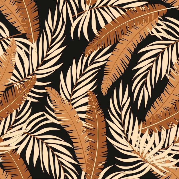 Fashionable seamless tropical pattern with bright plants and leaves on a dark background