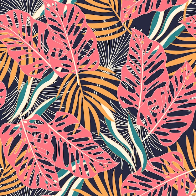 Fashionable seamless tropical pattern with bright plants and leaves on a dark background