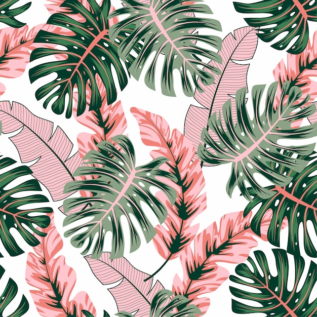 Fashionable seamless tropical pattern with bright plants and leaves 