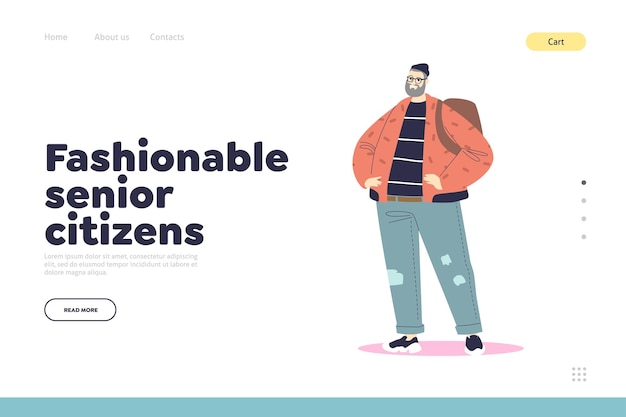 Fashionable senior citizens concept of landing page with elder man wearing trendy jeans and backpack