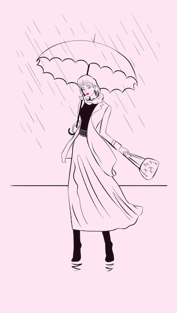 Fashionable slim stylish beautiful woman with umbrella under rain, minimalis liner drawing