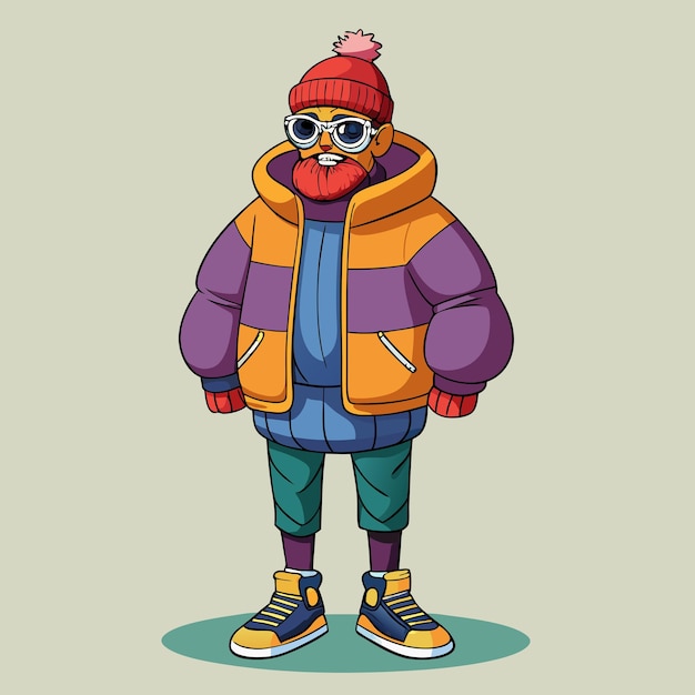 Vector fashionable urbanchic streetwear style anthropomorphic man in puffer jacket cartoon illustration