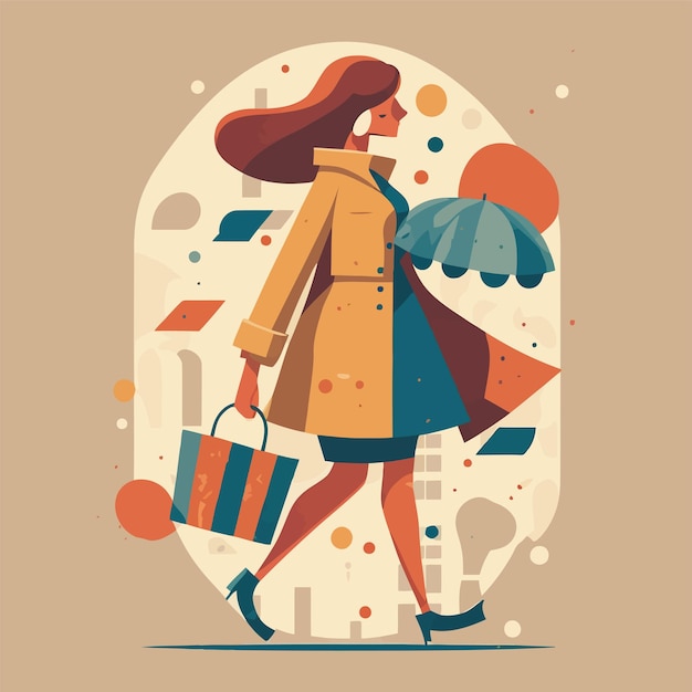 fashionable woman shopping carrying bags. Concept of shopping addiction, shopaholic vector flat