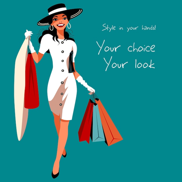 Vector fashionable woman in white dress with shopping bags vector art highlighting style and elegance