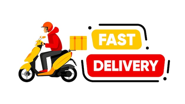 Fast Delivery banner Scooter with a man delivering an order Delivery concept Vector illustration