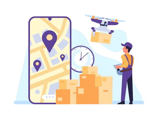 Fast delivery by drone through app on your phone Mobile application Order shipping Cardboard parcel boxes Express delivering Smartphone map app Courier in uniform Vector concept