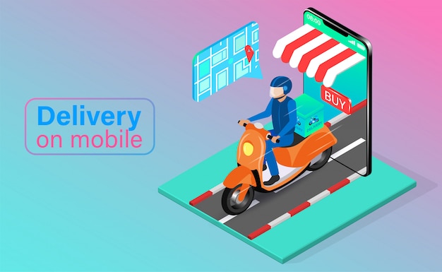 Fast delivery by scooter on mobile phone. Online food order and package in E-commerce by app. isometric flat design.   illustration