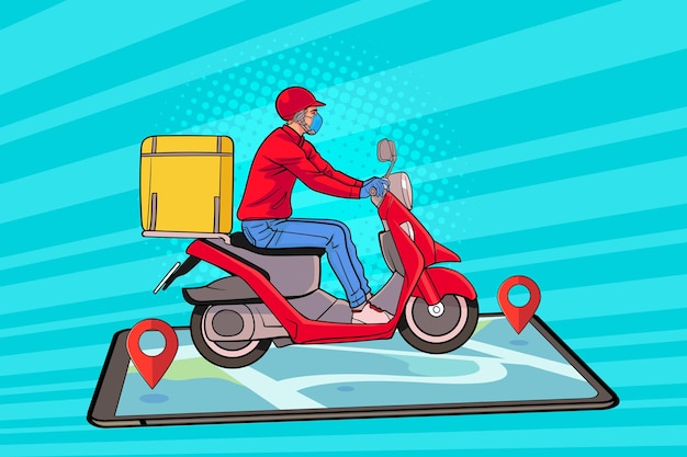 Fast delivery by scooter on smartphone tracking In Retro Vintage Pop Art Comic Style