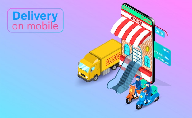 Fast delivery by scooter and truck on mobile phone. Online food order and package in E-commerce by app. isometric flat design.  