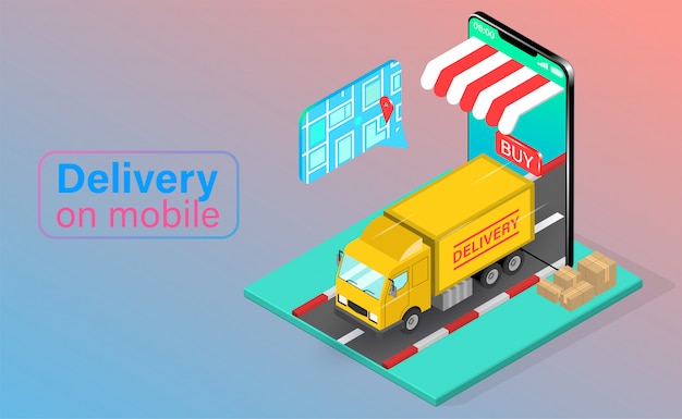 Fast delivery by truck past mobile phone order. Online package in E-commerce by app. isometric flat design.   illustration