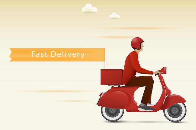 Fast Delivery concept. Delivery by red scooter with flag.