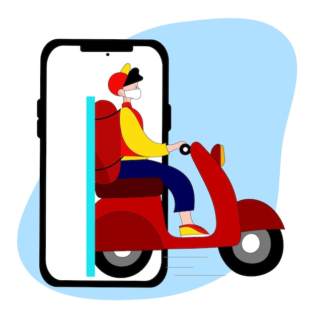 Fast delivery concept with big phone and delivery man at scooter in vector illustration