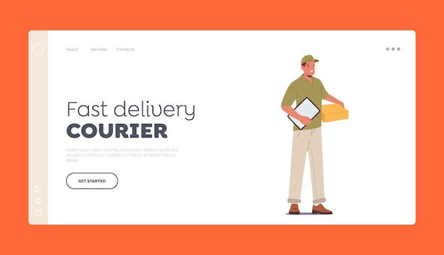 Fast Delivery Courier Landing Page Template Male Character Wear Uniform Holding Invoice and Carton Box Man with Parcel