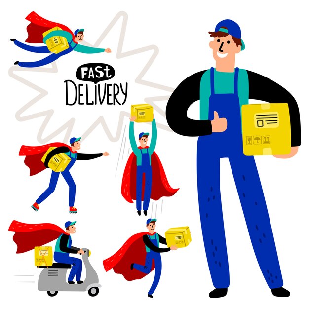 Vector fast delivery courier set