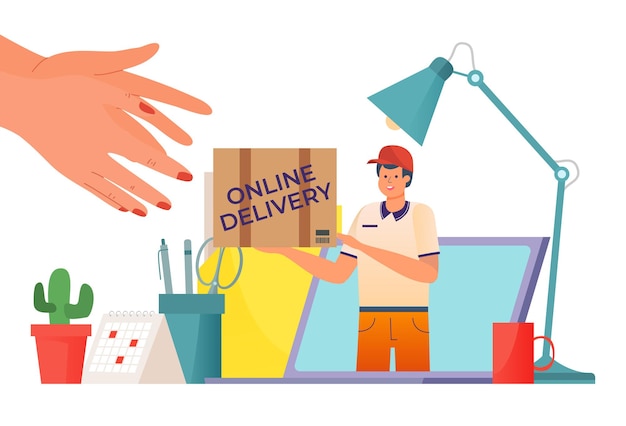 Fast delivery courier with box package at laptop illustration