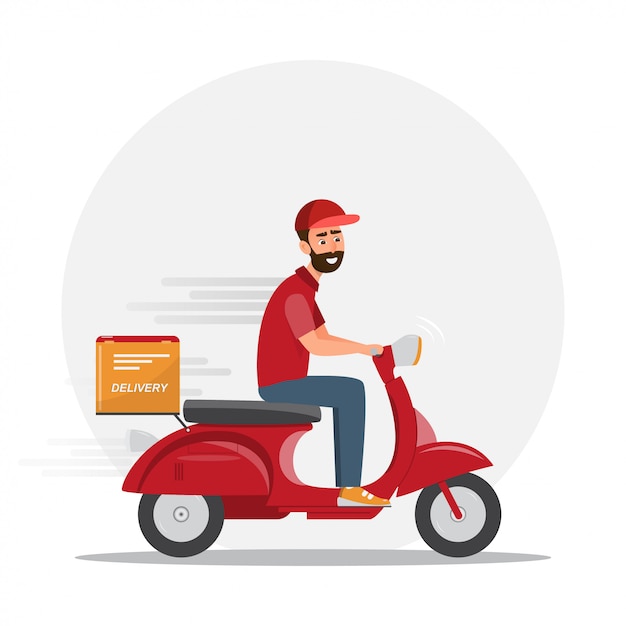 Fast delivery man by red scooter. Postman illustration cartoon character