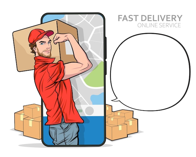 Fast Delivery man service from mobile phone we can do it concept Pop Art Comic Style