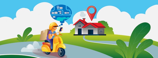 Fast delivery package by scooter. tracking courier by map navigation