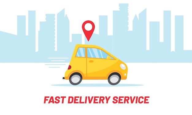 Fast delivery service advertising banner template with little yellow car on city background