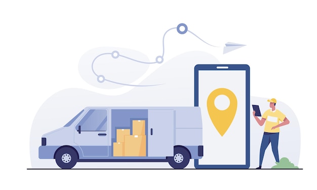 Fast delivery service by van. Car with stack of parcels and smartphone with mobile app.