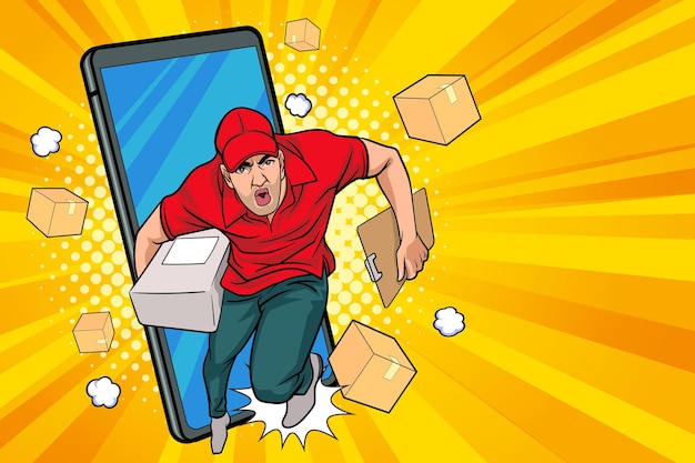 Fast and Express Delivery man employee with a box out from mobile phone  Pop Art Comic Style