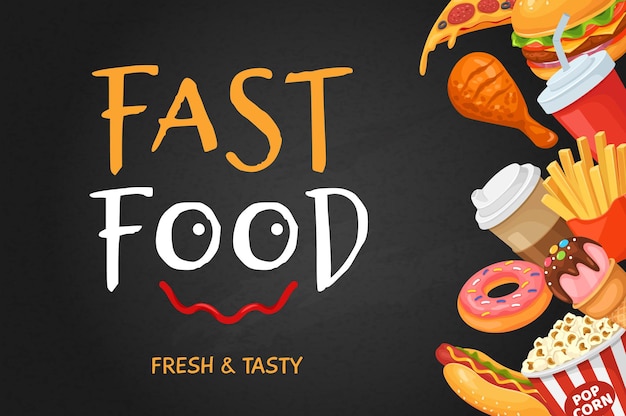 Fast food banner cartoon hot dog popcorn donut coffee pizza chicken cola restaurant flyer