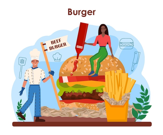 Fast food, burger house concept. Chef cook tasty hamburger with cheese, tomato and grilled beef and bun. Fast food restaurant, american street snack. Isolated flat vector illustration