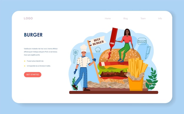 Fast food burger house web banner or landing page chef cook tasty hamburger