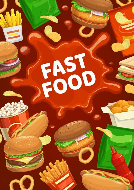 Fast food burger and snacks with ketchup spot