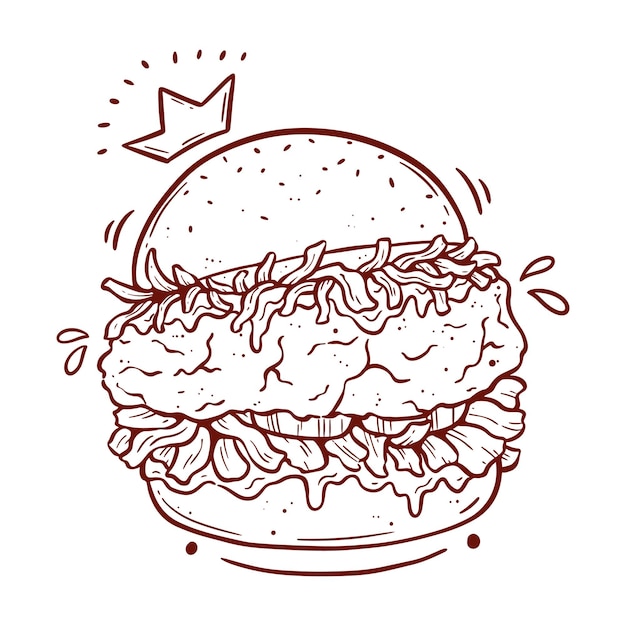 Fast food burger with crown and bigger meat. Tasty american burger with hand draw style vector