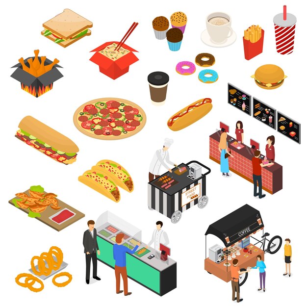 Vector fast food cart cafe sign 3d icon set isometric view vector