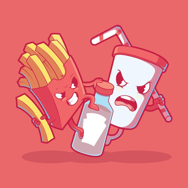 Fast food characters food fight vector illustration Food funny brand design concept