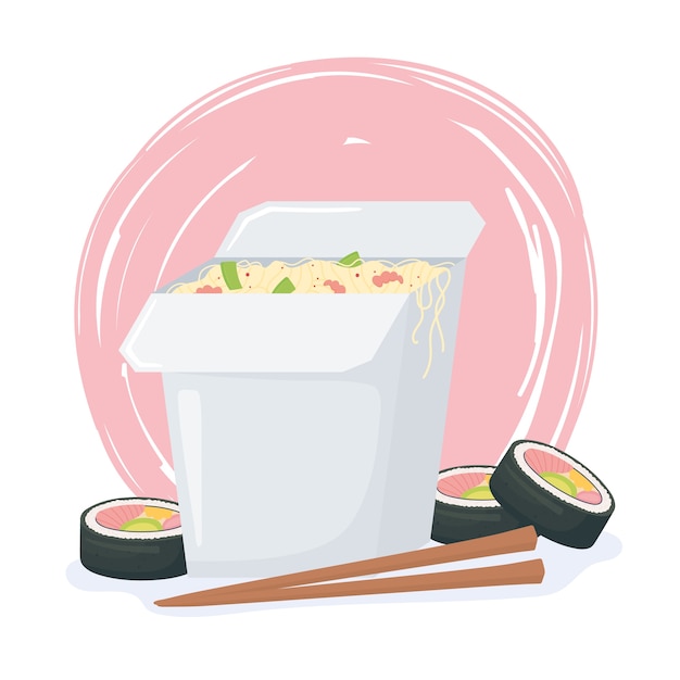 Fast food, chinese sushi noodles with chopsticks design