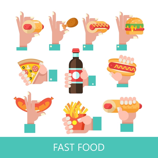 Fast food. Delicious food. Vector illustration in flat style. A set of popular fast food dishes. Hot dog, hamburger, tacos, sausage, pizza, fried chicken. Mustard and ketchup. Drink and milkshake.